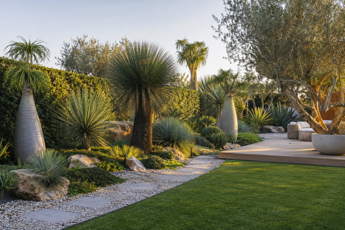 Combining Feature Plants: Yucca, Bottle Trees, Grass Trees & Olives for Stunning Australian Gardens